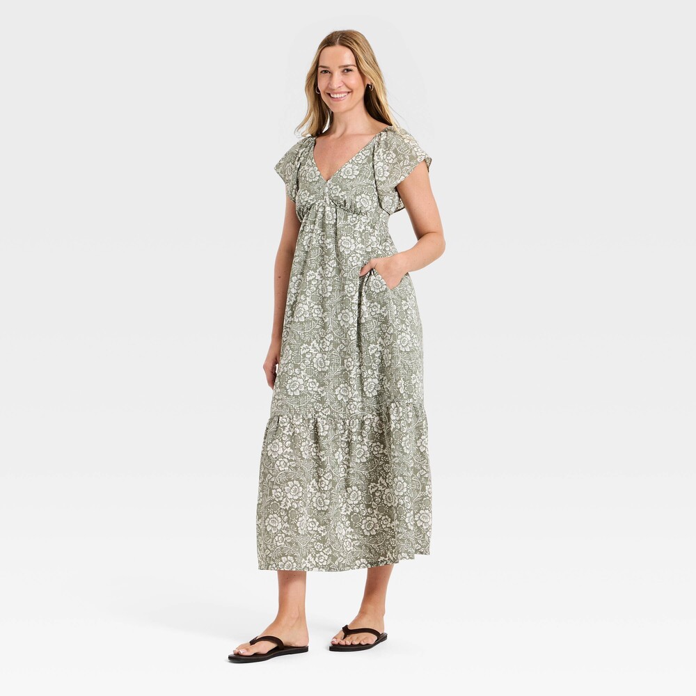 Flutter Short Sleeve Floral Maxi A-Line Dress - Universal Thread™ Olive Dress
